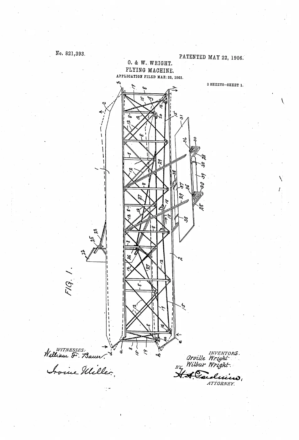Original first drawing sheet from the Wright brothers' flying-machine patent, US 821,393.